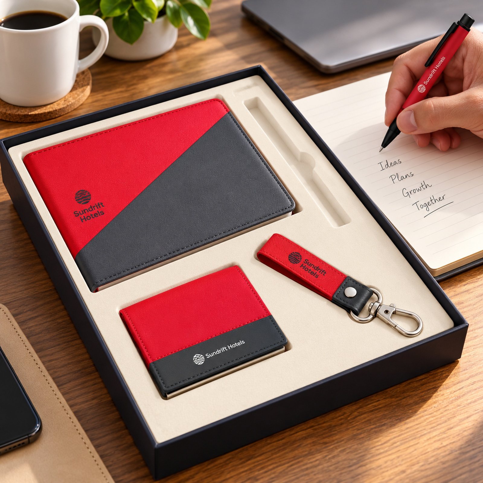 Click to zoom Red & Grey A5 Notebook, Pen, Card Holder & Keychain Gift Set, customised with a company logo
