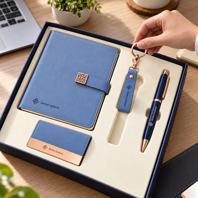 Blue A5 Notebook, Pen, Card Holder & Keychain Gift Set, customised with a company logo