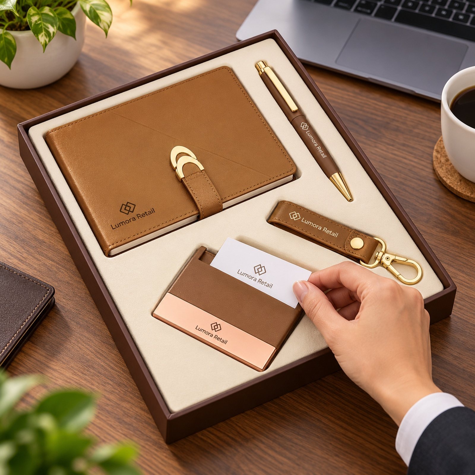 Click to zoom Brown & Gold A5 Notebook, Pen, Card Holder & Keychain Gift Set, customised with a company logo