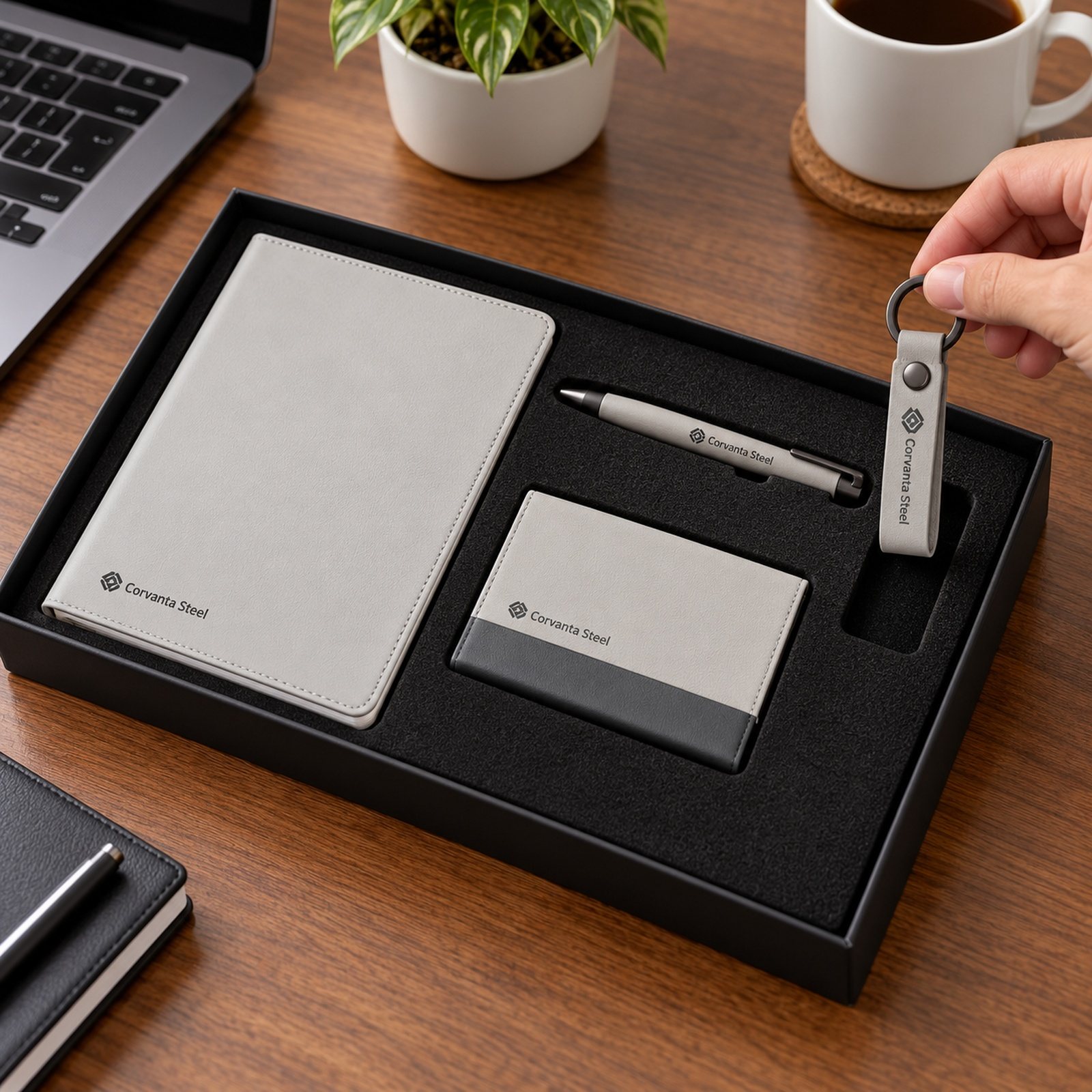 Light Grey A5 Notebook, Pen, Card Holder & Keychain Gift Set, customised with a company logo