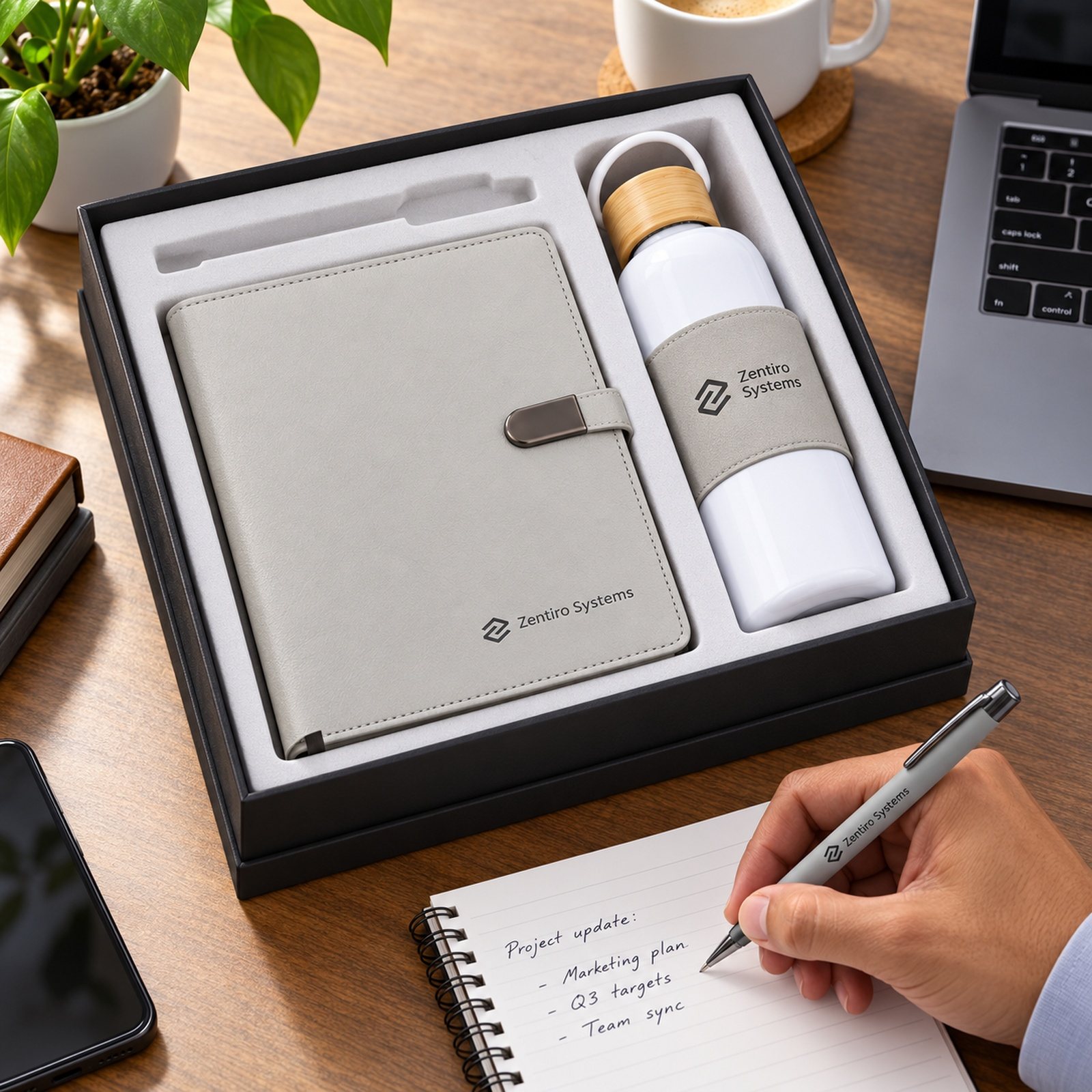 Click to zoom Grey A5 Notebook, Pen & White Bottle Gift Set, customised with a company logo