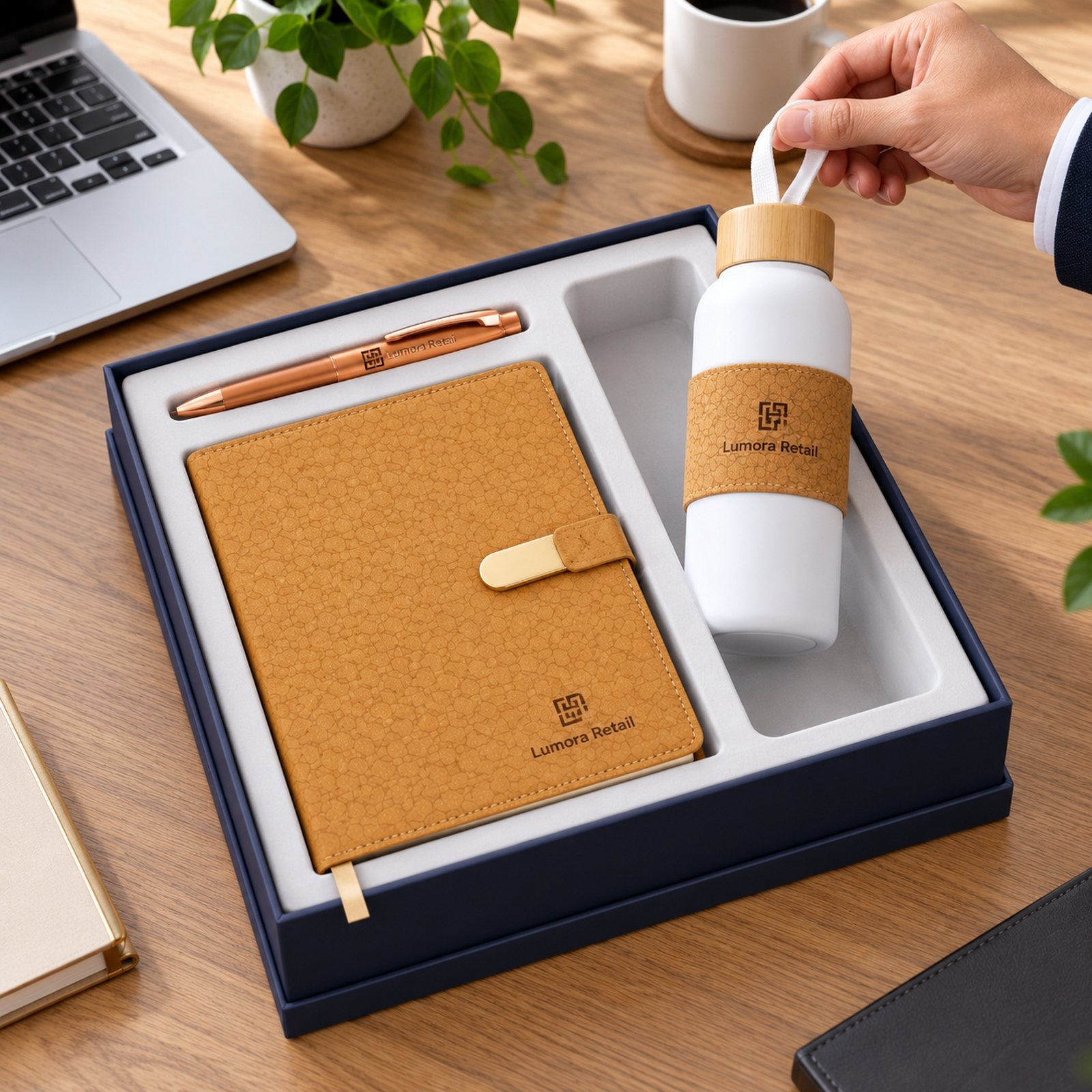 Click to zoom Cork-Look A5 Notebook, Pen & White Bottle Gift Set, customised with a company logo