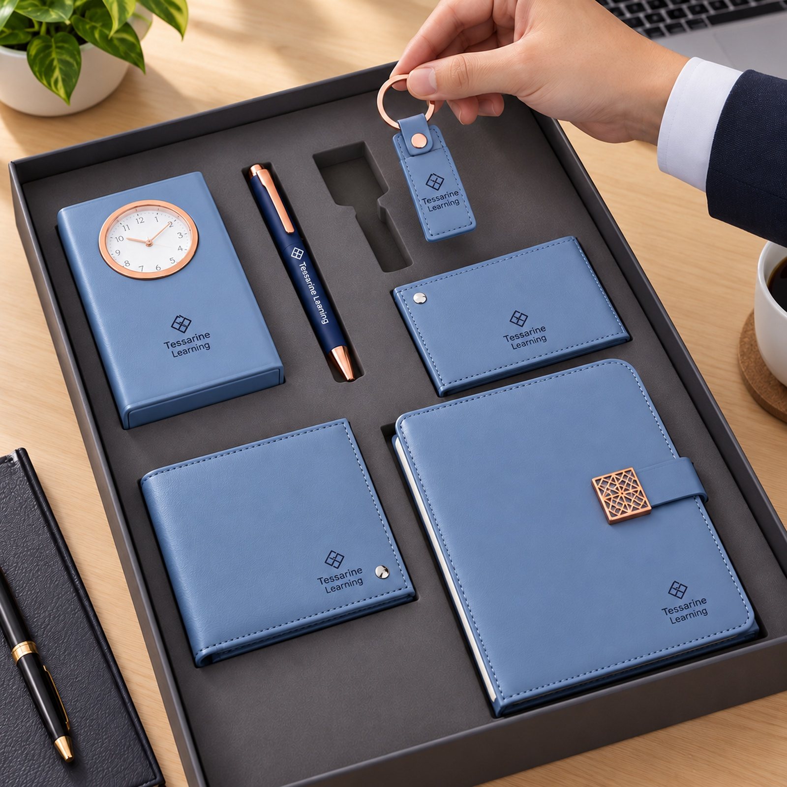 Click to zoom Blue A5 Notebook, Desk Clock, Pen, Keychain, Card Holder & Wallet Gift Set, customised with a company logo
