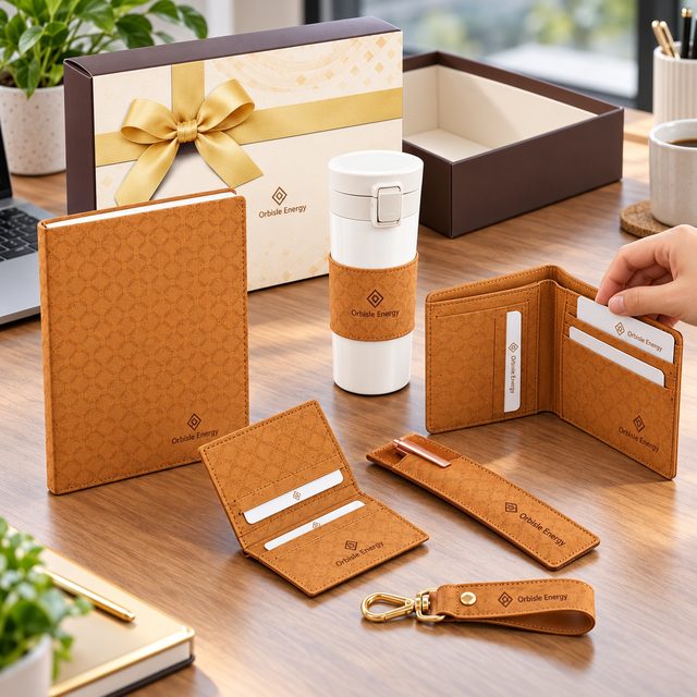 Tan Notebook, Flask, Wallet, Card Holder, Pen Pouch & Keychain Gift Set, customised with a company logo