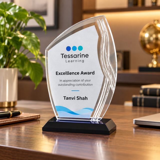 Wave Acrylic Award on Black Base, customised with a company logo