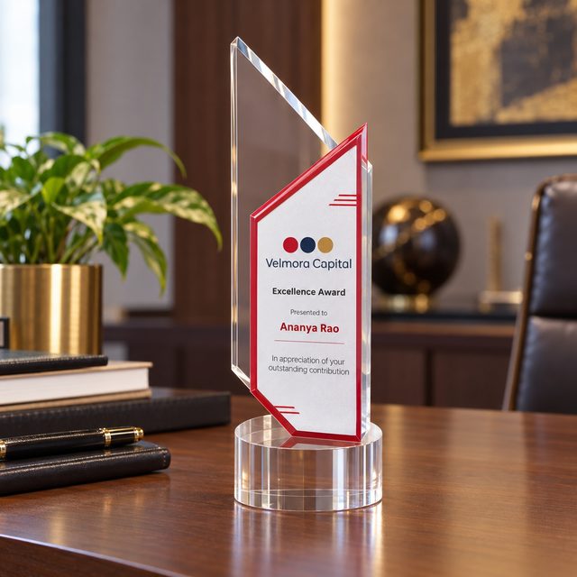 Tall Acrylic Award on Round Clear Base, customised with a company logo