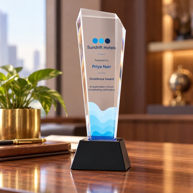 Tall Acrylic Award with Blue Wave, customised with a company logo