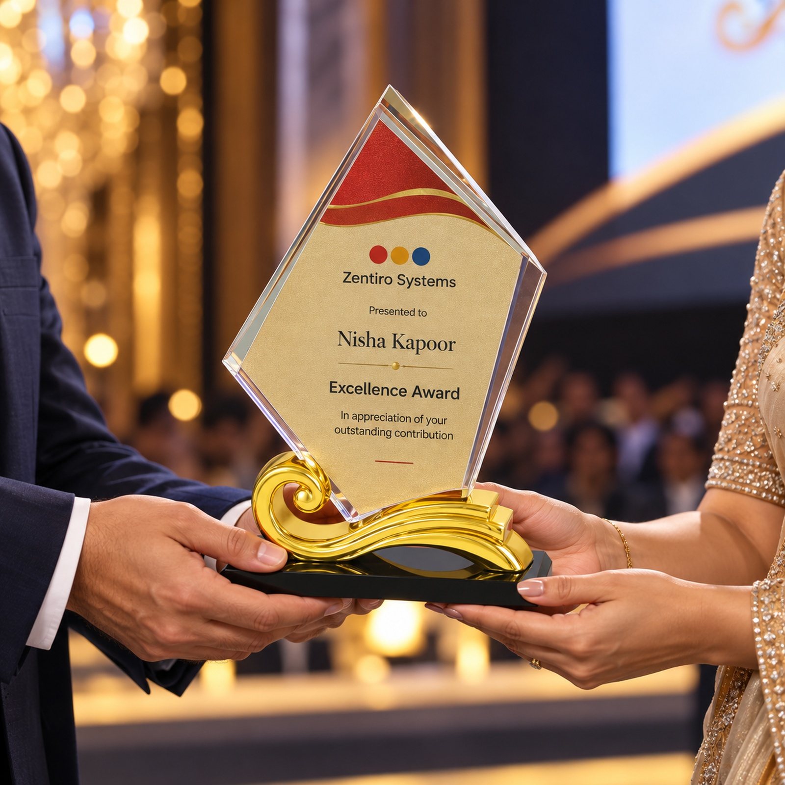 Click to zoom Diamond Acrylic Award with Gold Wave Base, customised with a company logo