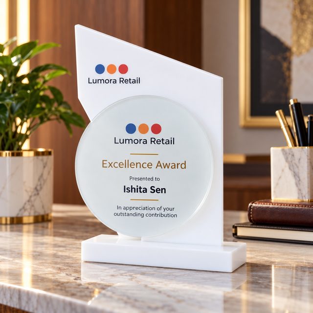 White Acrylic Award with Frosted Disc, customised with a company logo