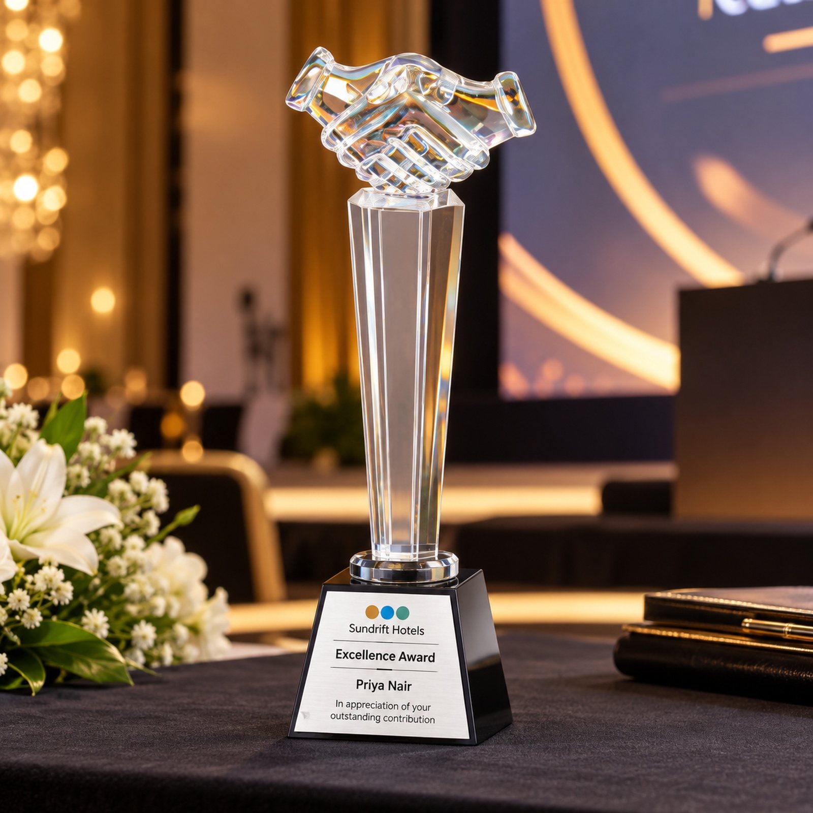 Crystal Handshake Tower Trophy, customised with a company logo