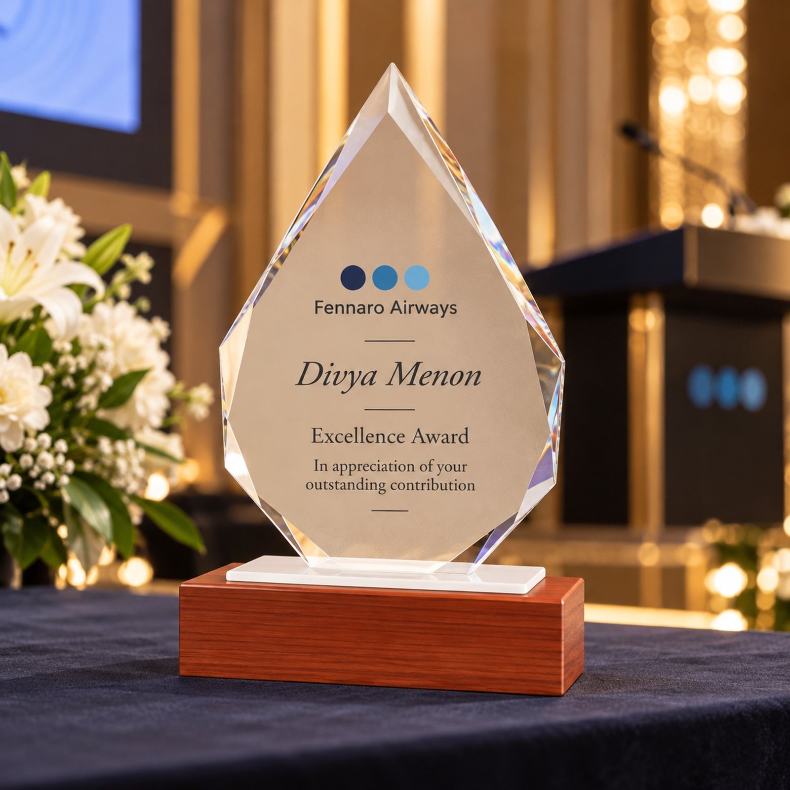 Click to zoom Crystal Teardrop Award on Wooden Base, customised with a company logo