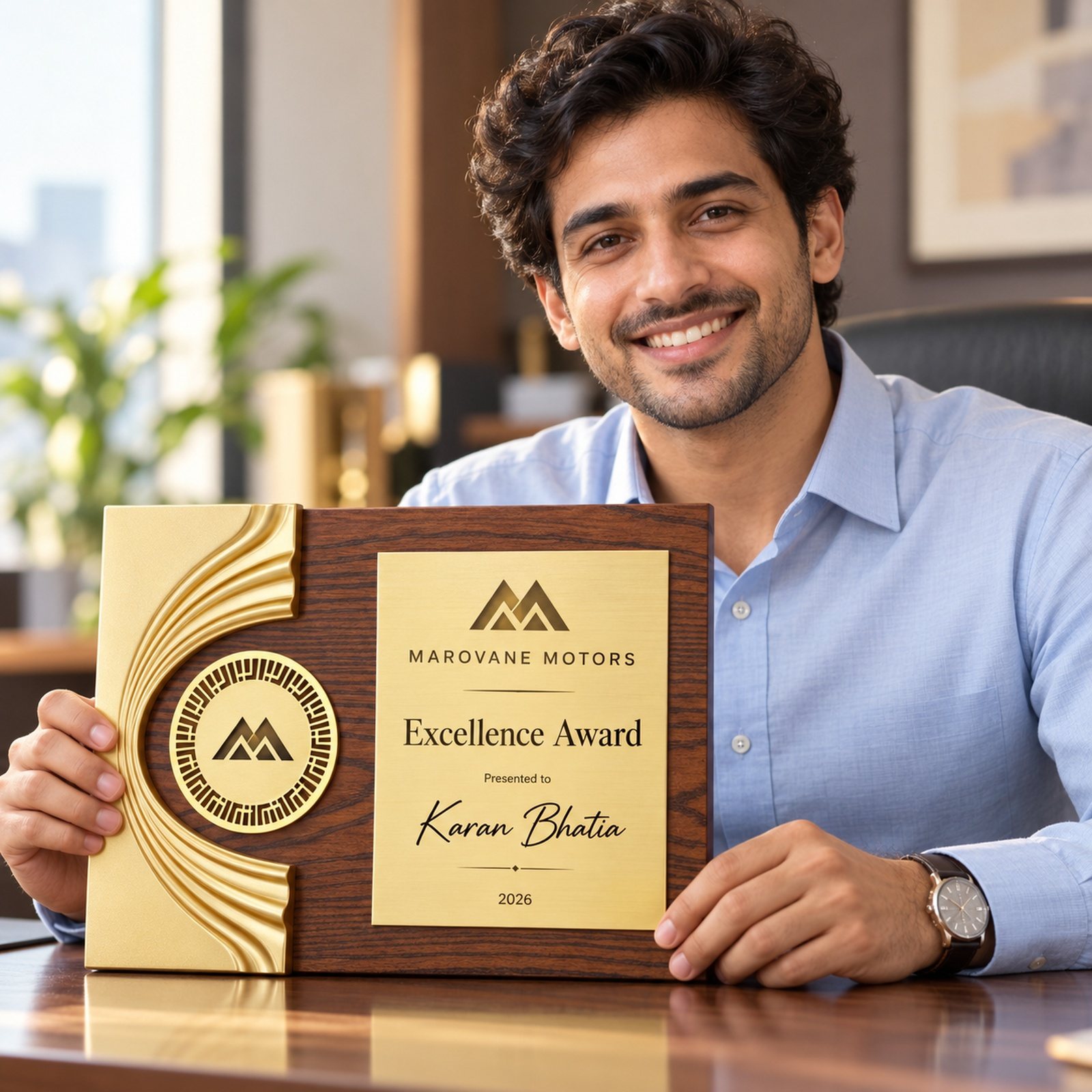 Click to zoom Gold & Wood Plaque with Medallion, customised with a company logo