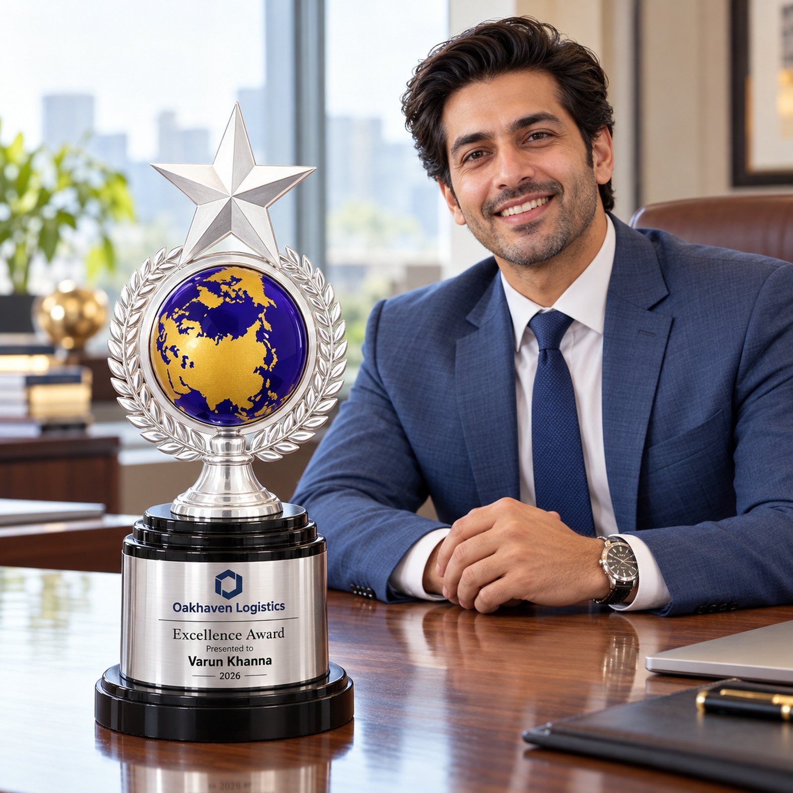 Click to zoom Silver Star Globe Trophy, customised with a company logo