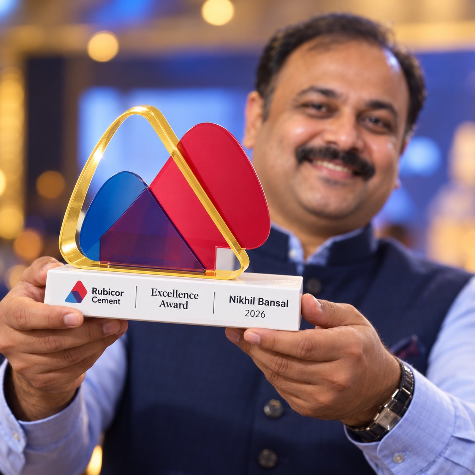 Click to zoom Gold Ring Award with Red & Blue Shapes, customised with a company logo
