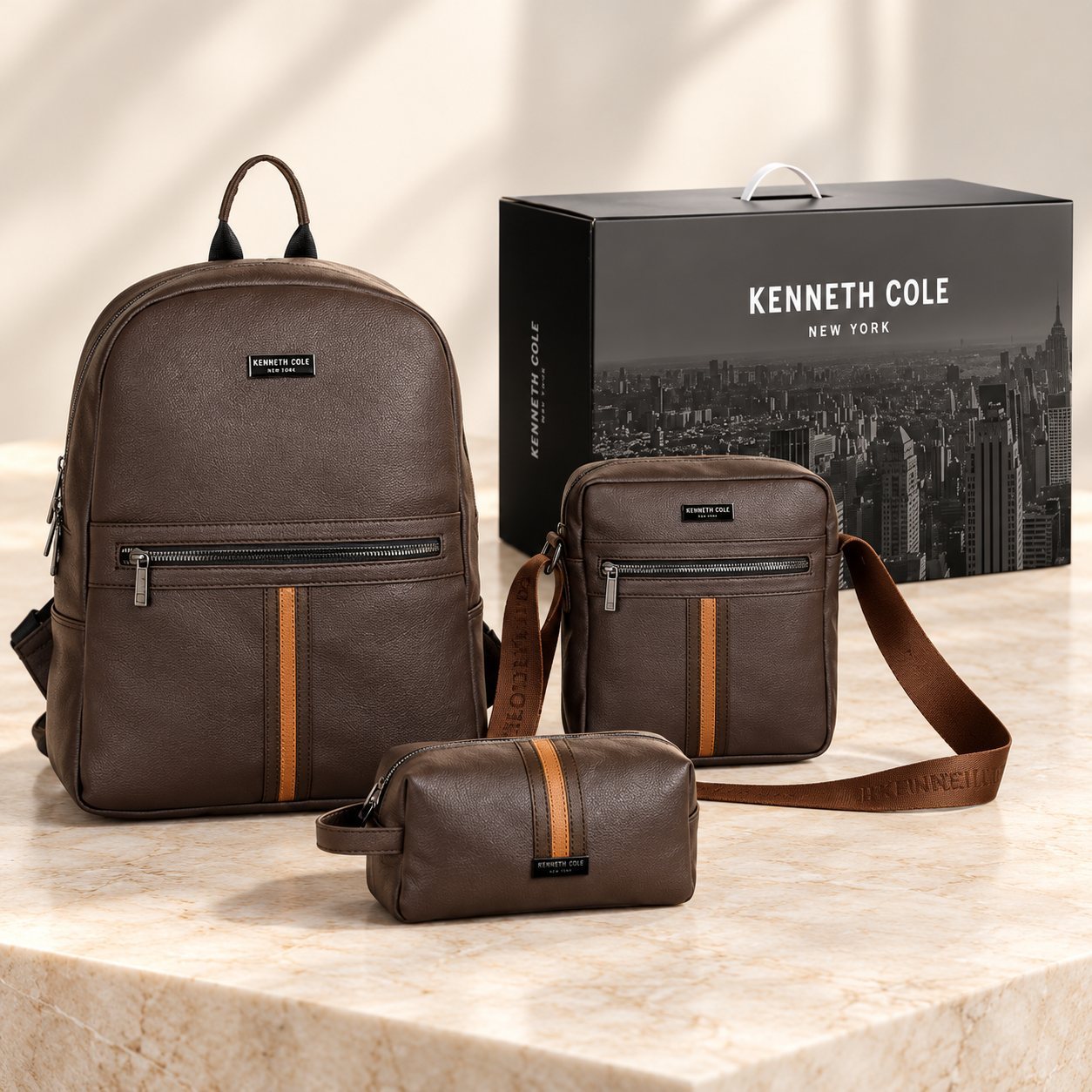 Click to zoom Kenneth Cole KC-Elite Pack of 3 (Waist Pouch, Sling, Backpack) in Brown, festive gifting