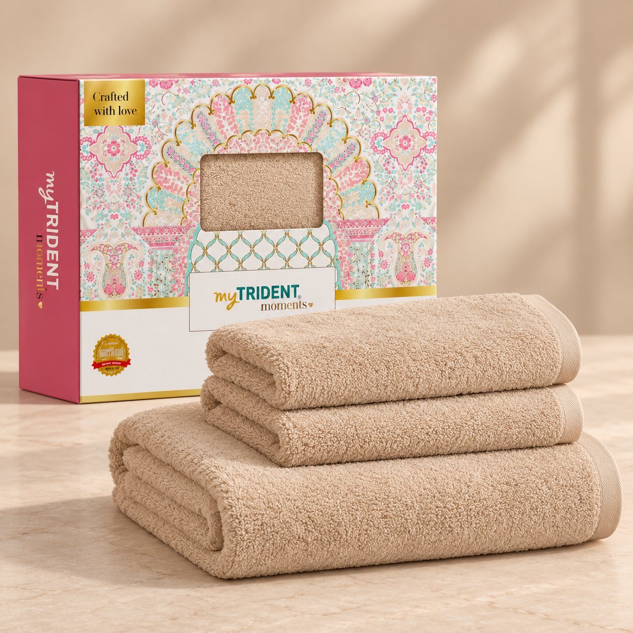 Click to zoom myTrident Quick Dry 3 Pc Towel Set 400 GSM in Peanut Beige, corporate gifting