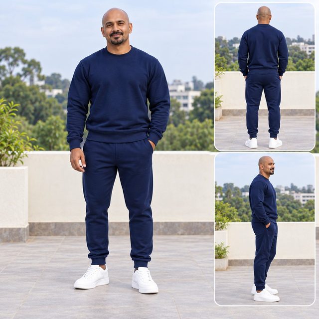 Man wearing Nauticon Co-ord Set in Navy, bulk order with company logo