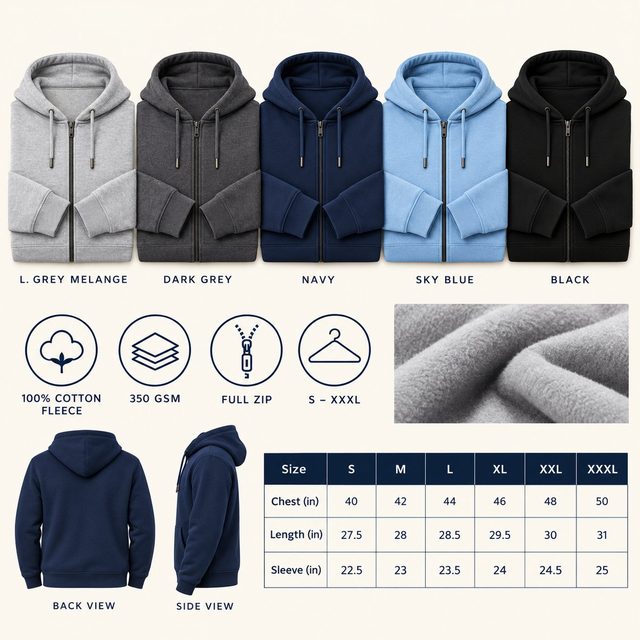 Nauticon Zipper Hoodie in all 5 colours, 100% cotton fleece, 350 GSM, for team uniform