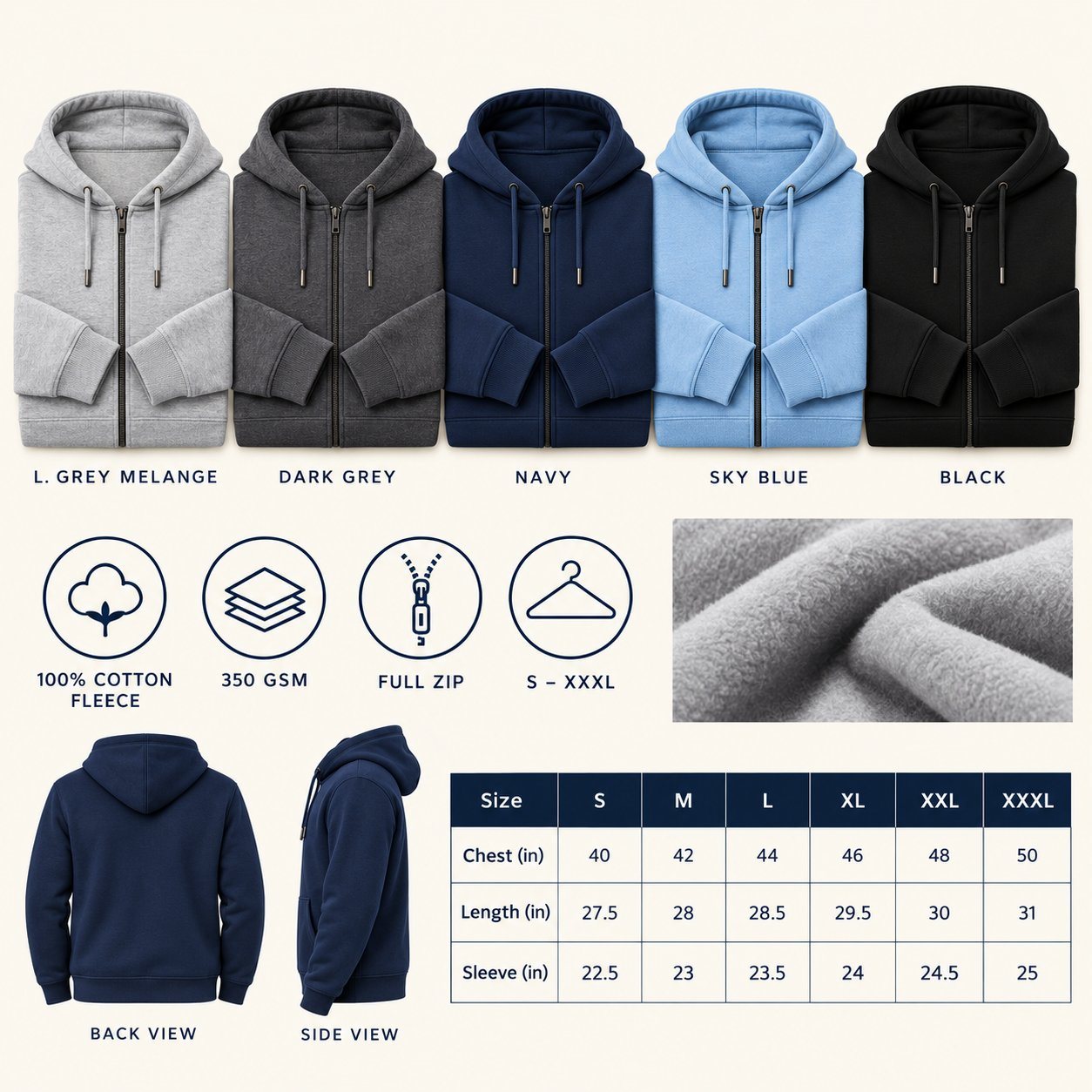 Click to zoom Nauticon Zipper Hoodie in all 5 colours, 100% cotton fleece, 350 GSM, for team uniform