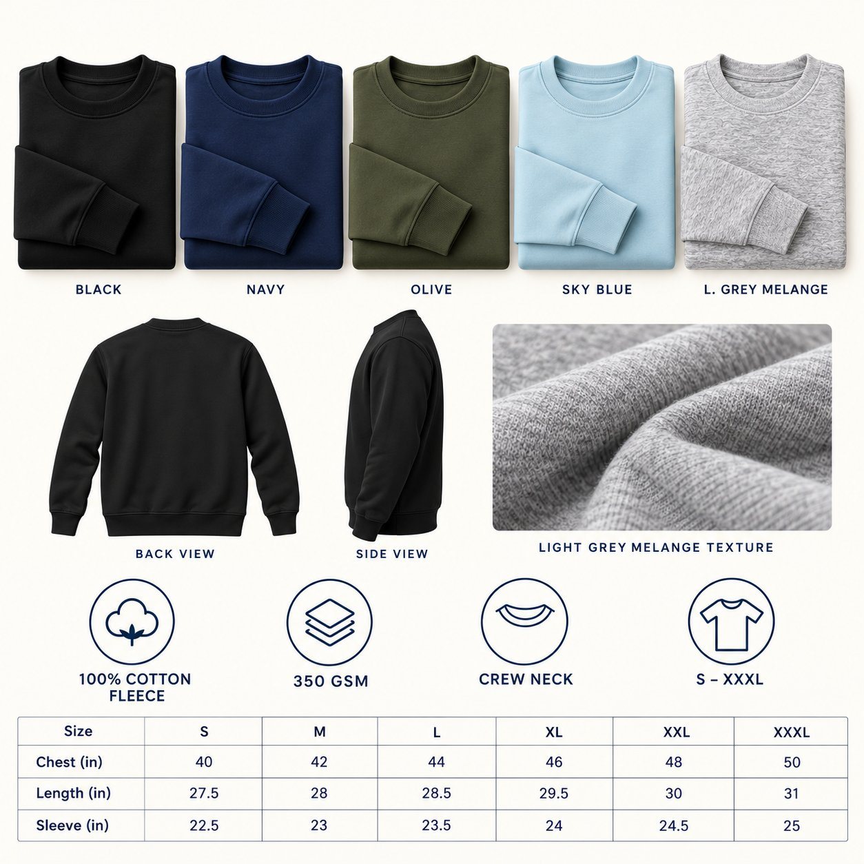 Click to zoom Nauticon Round Neck Sweatshirt in all 5 colours, 100% cotton fleece, 350 GSM, for bulk order with company logo
