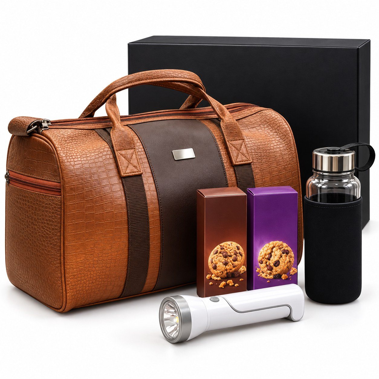Click to zoom Jumbo gift set with brown croc-texture duffel, torch lamp, glass bottle and cookies