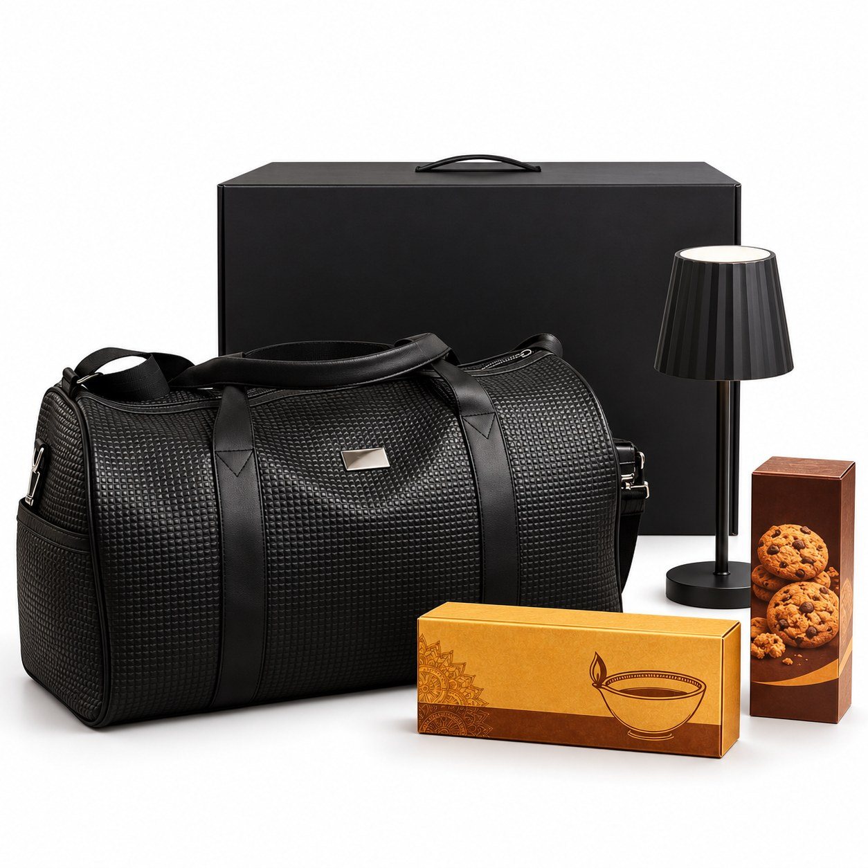Click to zoom Jumbo gift set with black duffel, LED diyas, table lamp and cookies