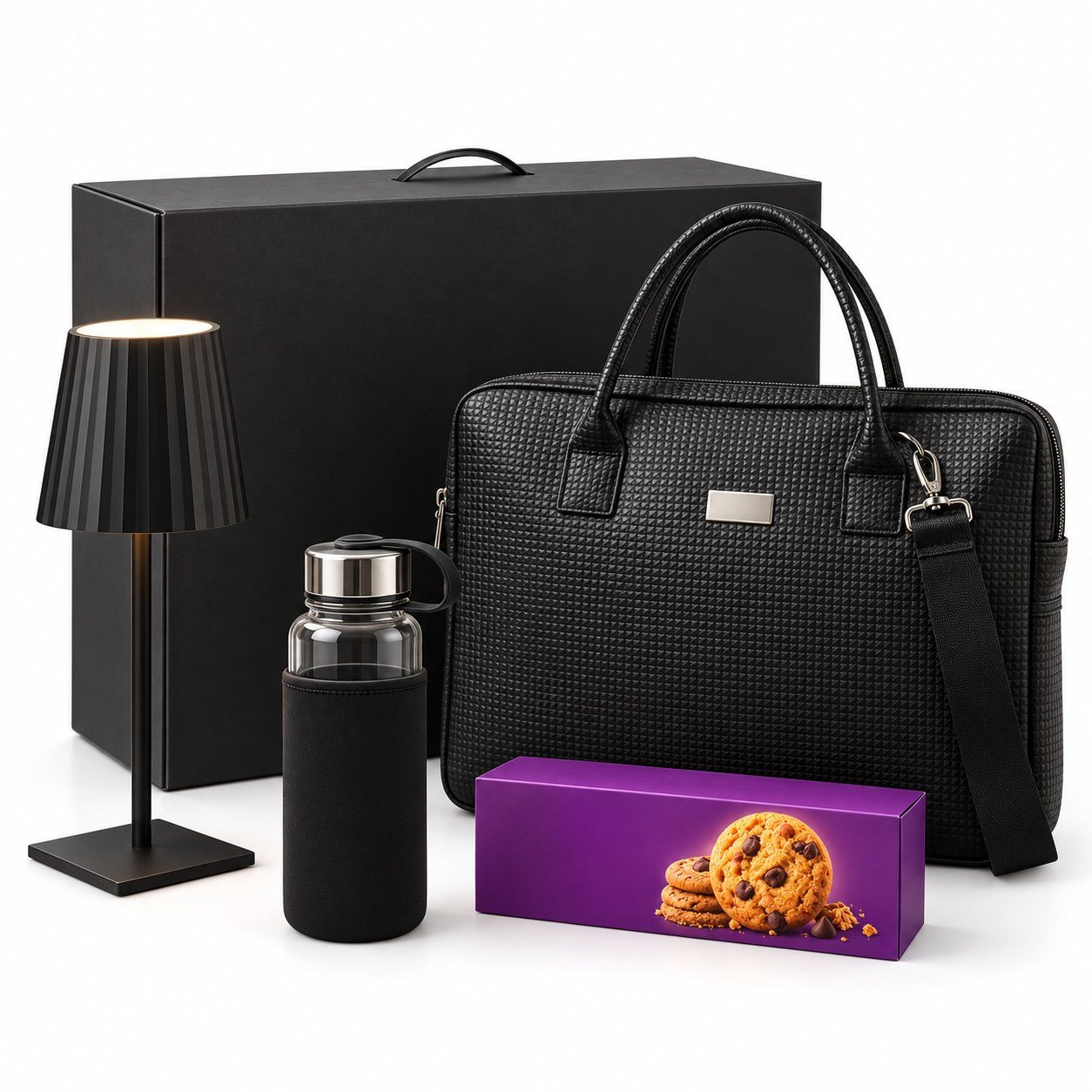 Jumbo gift set with black laptop bag, table lamp, glass bottle and cookies