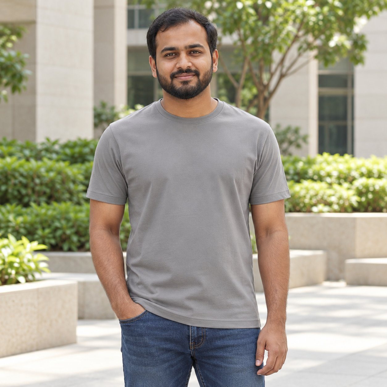 Man wearing Rare Rabbit Corp Arve Crew Neck T-Shirt in Grey, corporate gifting