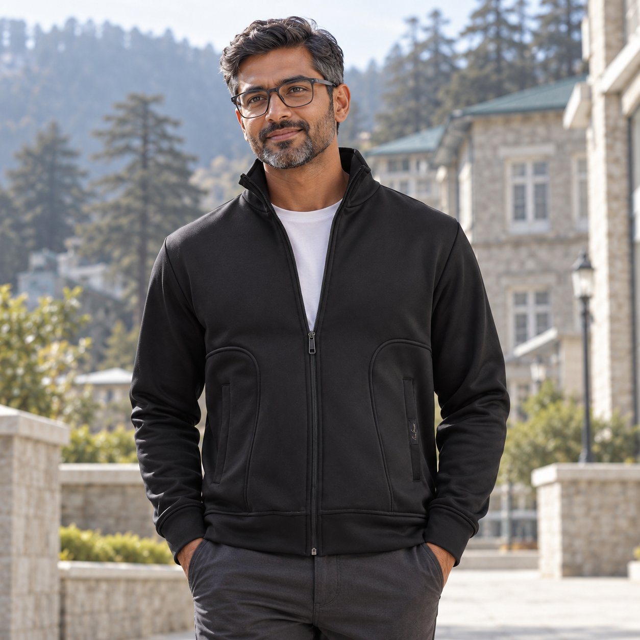Man wearing Rare Rabbit Corp Bonded Fleece Jacket in Black, sales team reward