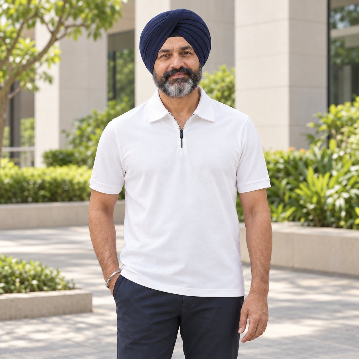 Click to zoom Man wearing Rare Rabbit Corp Cove Zip Polo in White, sales team reward