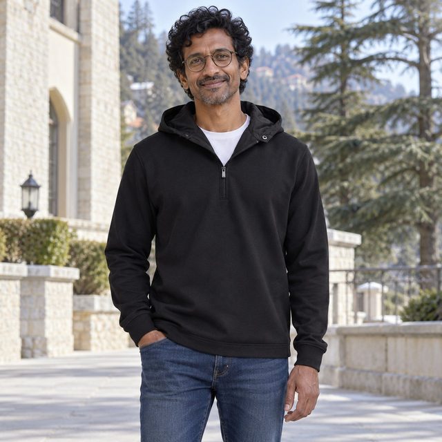 Man wearing Rare Rabbit Corp Duro Hooded Jacket in Black, dealer meet gift