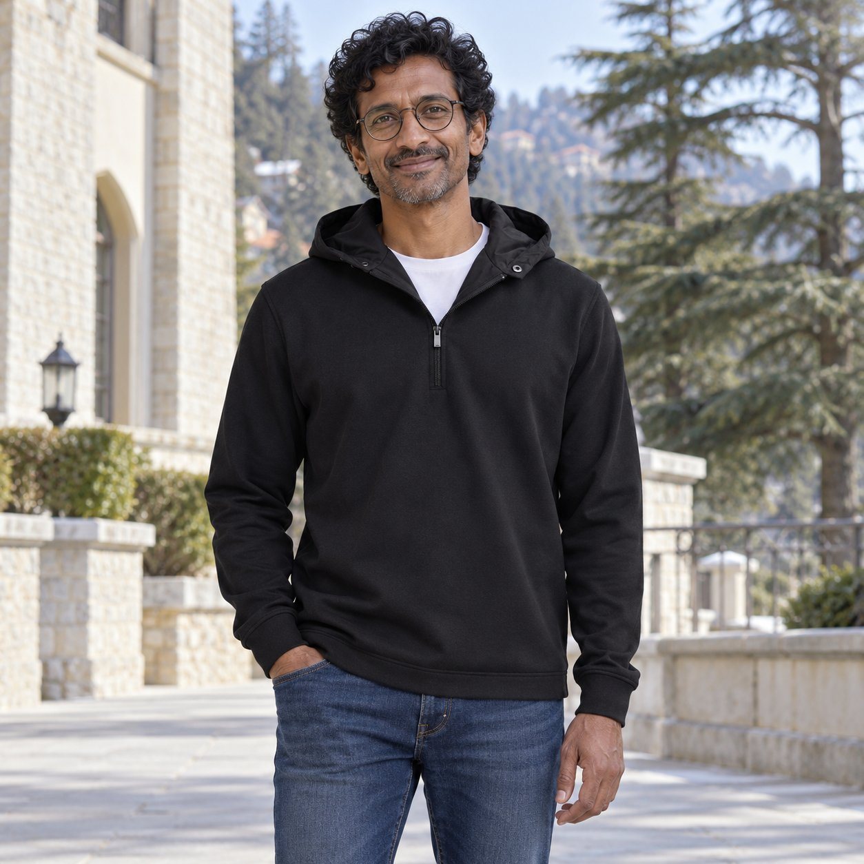 Click to zoom Man wearing Rare Rabbit Corp Duro Hooded Jacket in Black, dealer meet gift