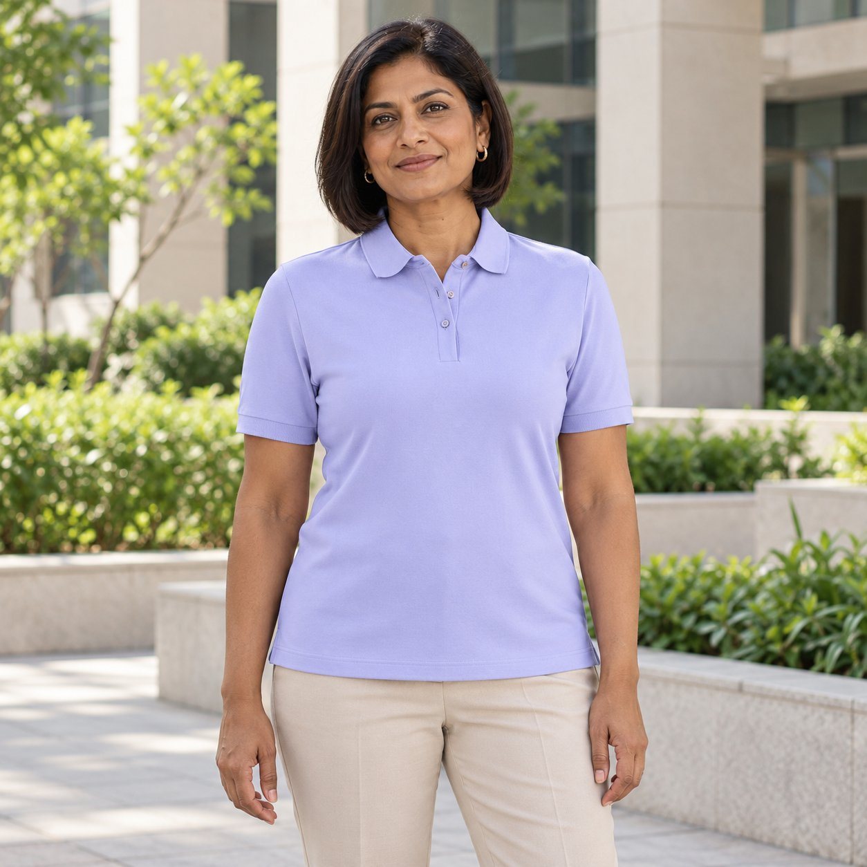 Man wearing Rare Rabbit Corp Elane Women's Polo in Lavender, employee onboarding kit