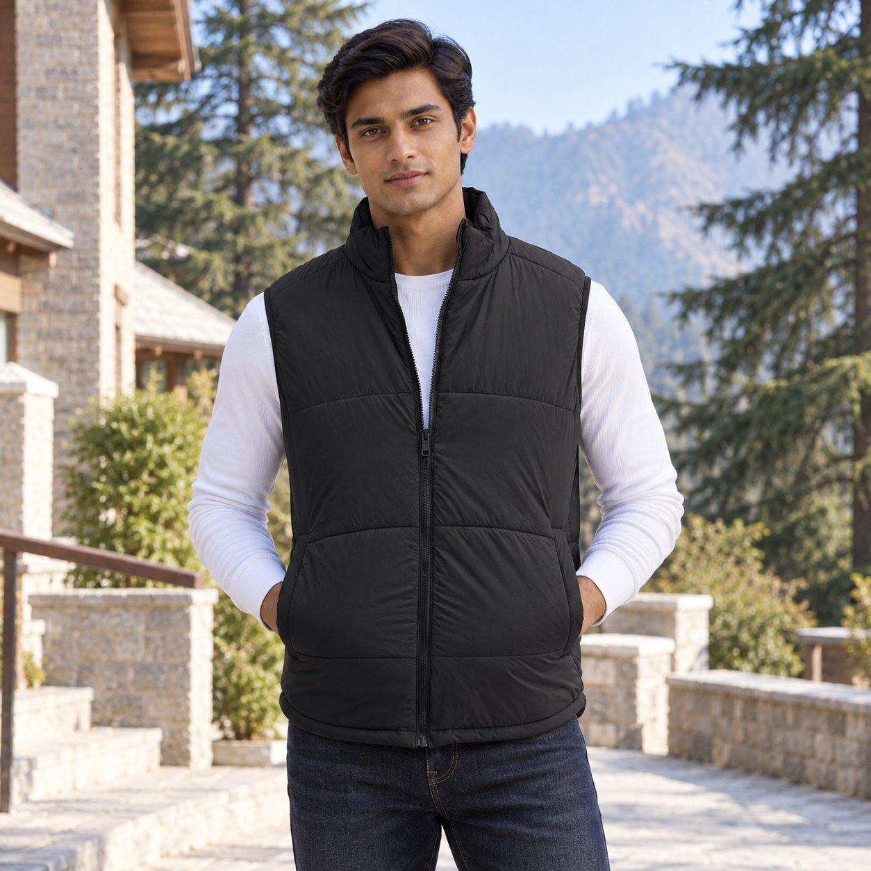 Click to zoom Man wearing Rare Rabbit Corp Fabio Puffer Vest in Black, employee onboarding kit