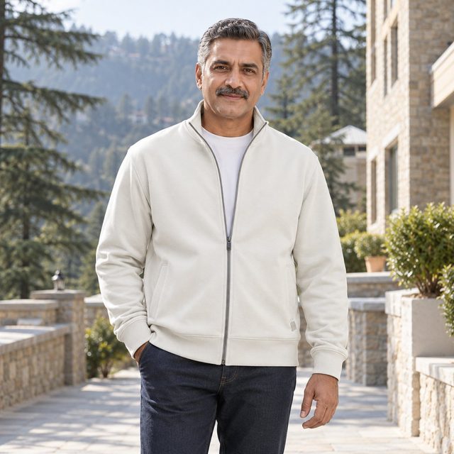 Man wearing Rare Rabbit Corp Harris Zip Jacket in Off-White, team uniform