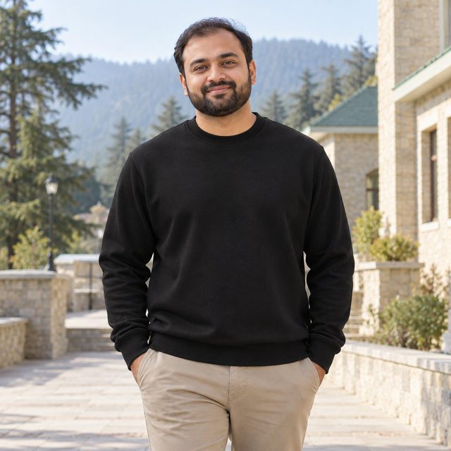 Man wearing Rare Rabbit Corp Harry Sweatshirt in Black, employee onboarding kit