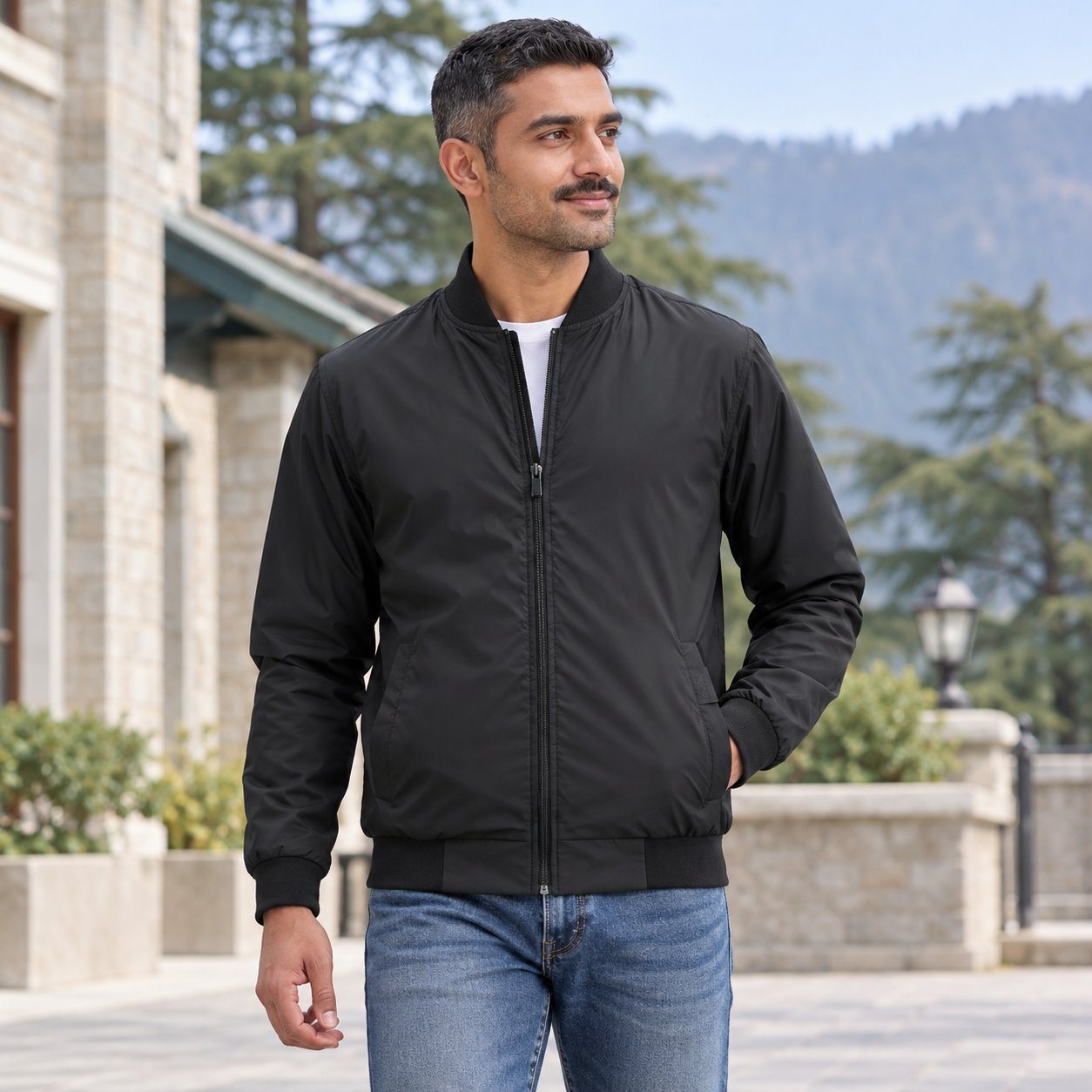 Click to zoom Man wearing Rare Rabbit Corp Jack Bomber Jacket in Black, annual day gift