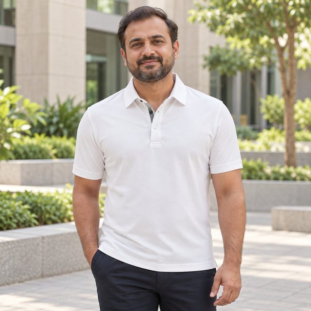 Man wearing Rare Rabbit Corp Mero Polo (dry fit, snap buttons) in White, event giveaway