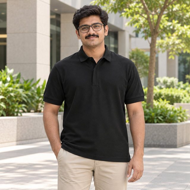 Man wearing Rare Rabbit Corp Onyx Polo (concealed placket) in Black, client gift