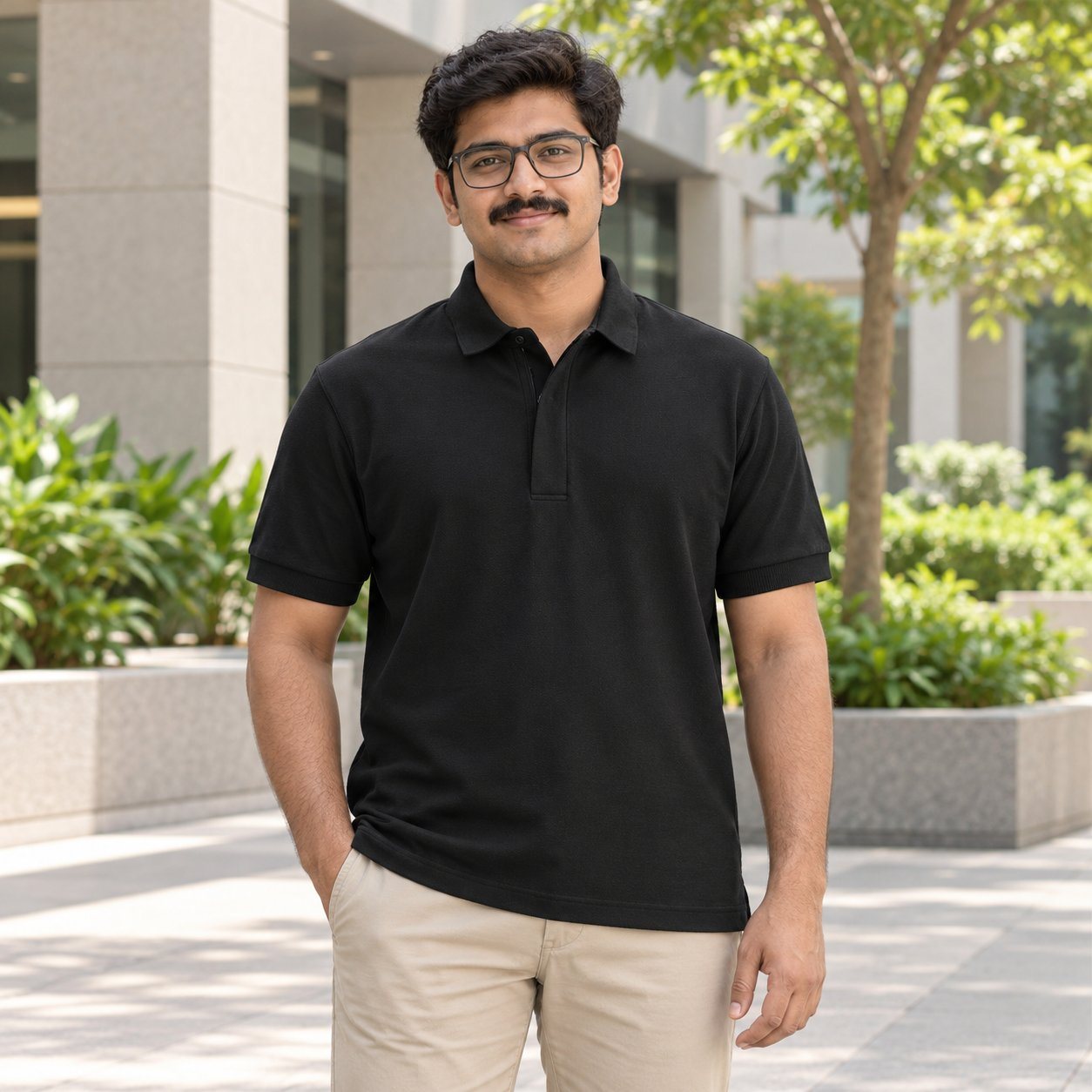 Click to zoom Man wearing Rare Rabbit Corp Onyx Polo (concealed placket) in Black, client gift