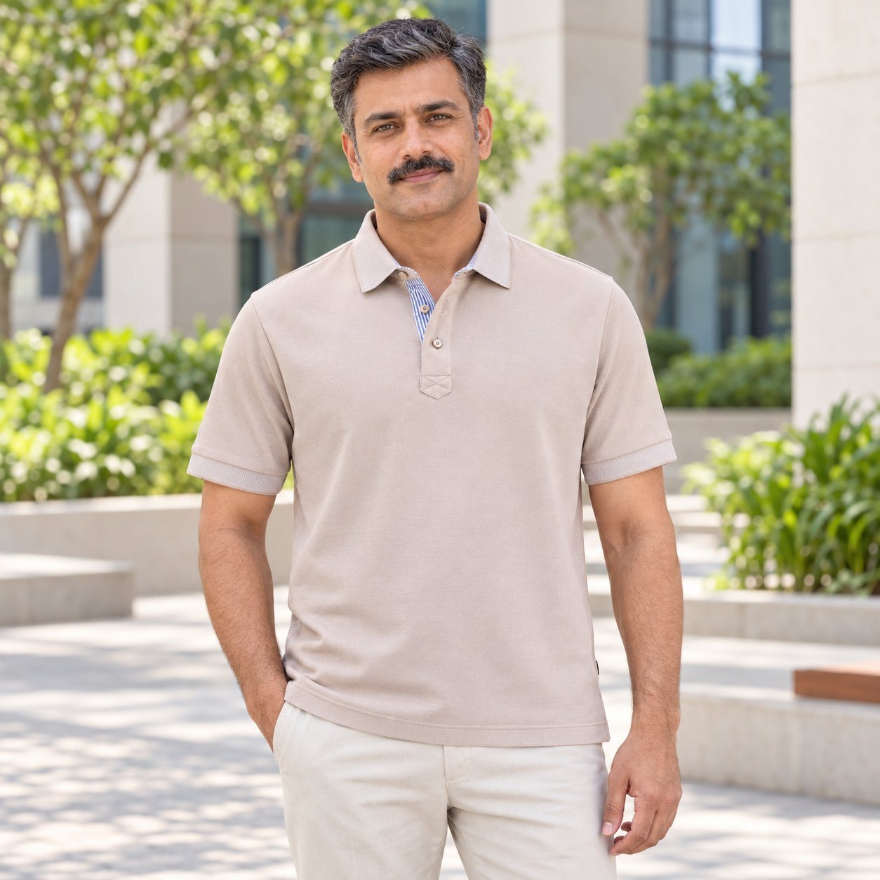 Man wearing Rare Rabbit Corp Ozea Polo (mercerised pique) in Beige, event giveaway