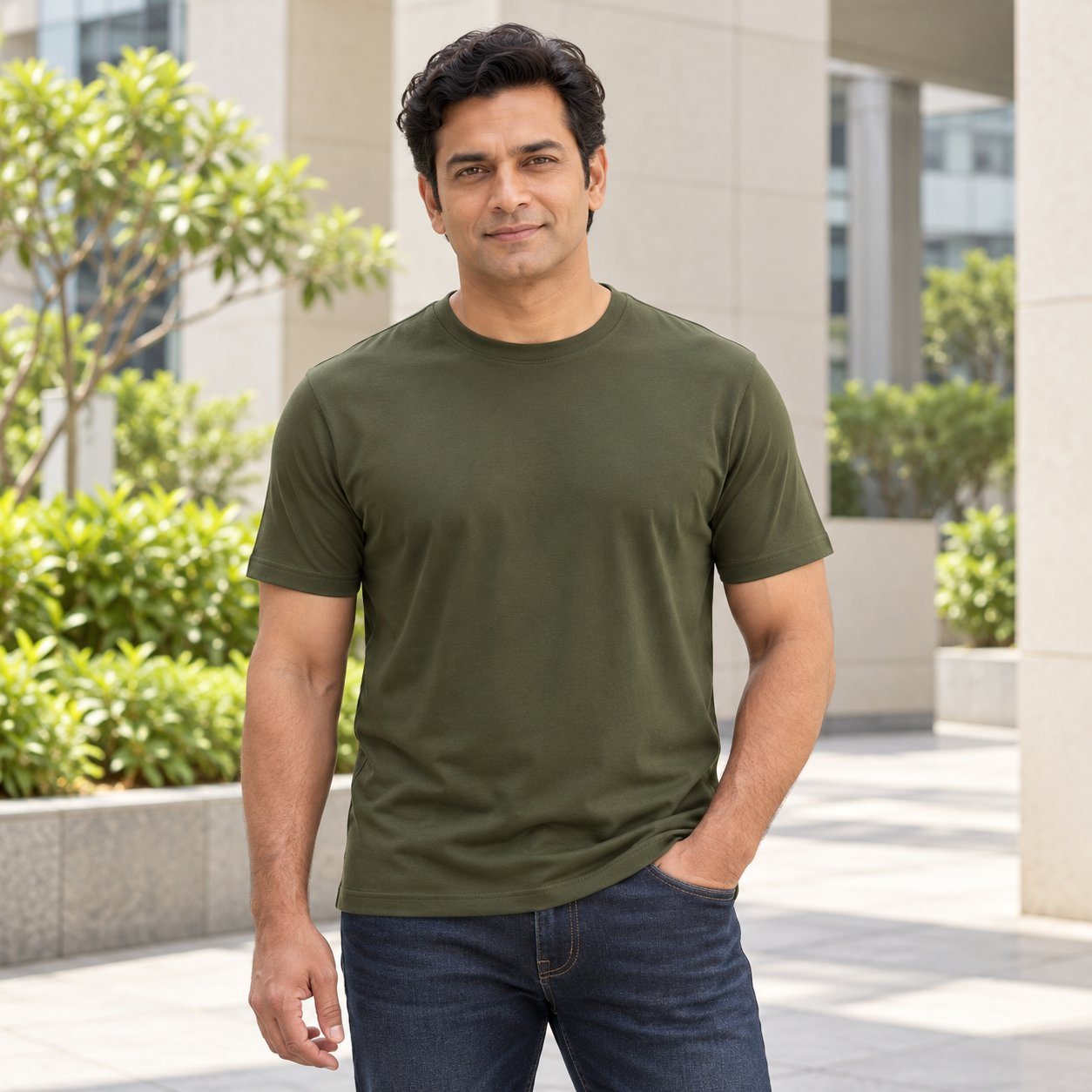 Man wearing Rare Rabbit Corp Rein Crew Neck T-Shirt (dry fit) in Olive, employee onboarding kit