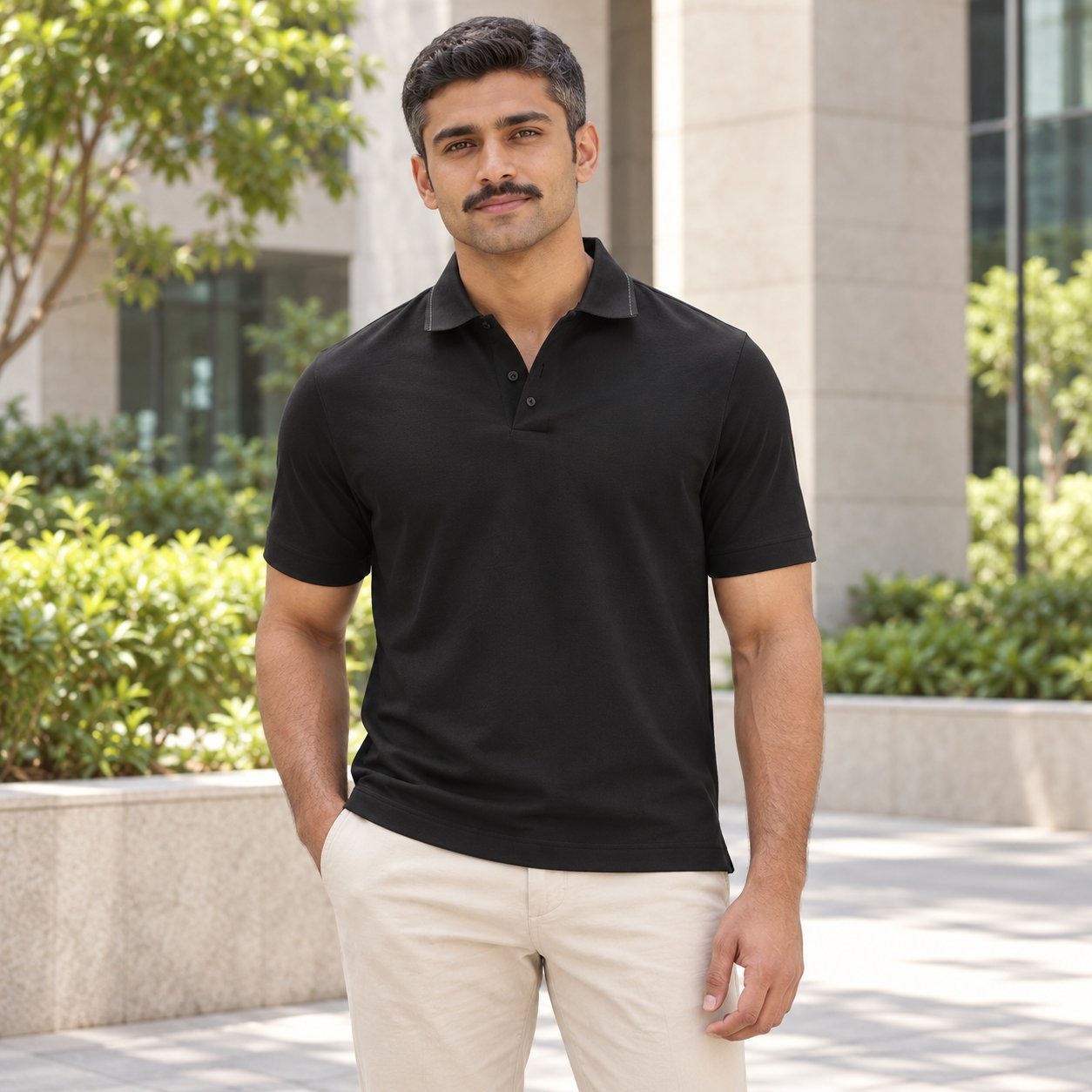Man wearing Rare Rabbit Corp Tanq Polo (jacquard tipped collar) in Black, event giveaway