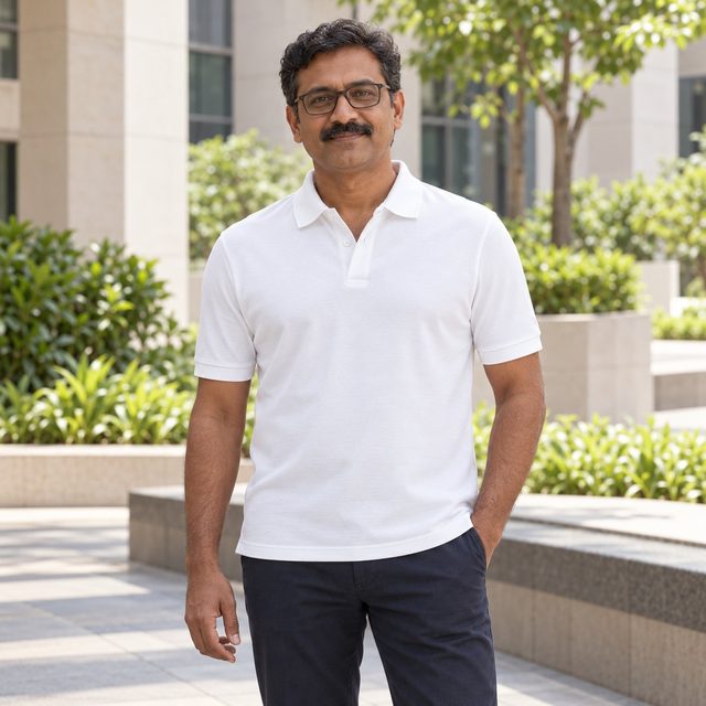 Man wearing Rare Rabbit Corp Tove Polo (mercerised cotton) in White, employee onboarding kit