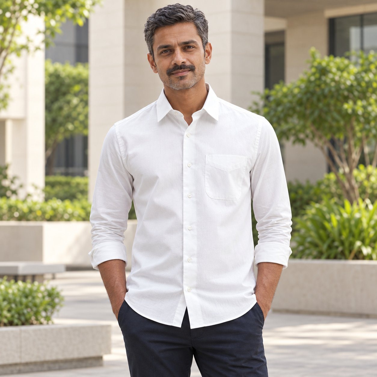 Man wearing Rare Rabbit Corp Zand Men's Shirt in White, sales team reward