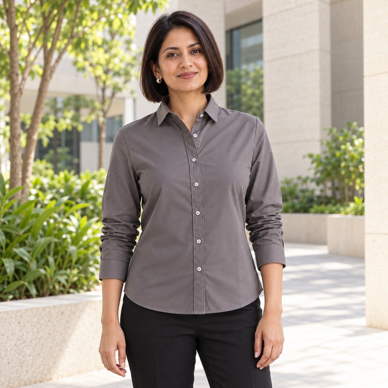 Man wearing Rare Rabbit Corp Zand Women's Shirt in Grey, corporate gifting