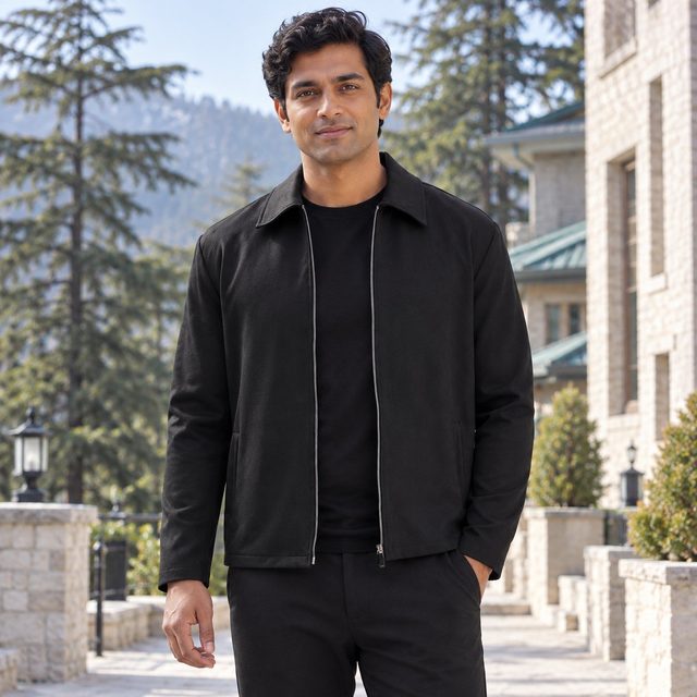 Man wearing Rare Rabbit Juan Jacket (slim fit, bestseller) in Black, festive gifting