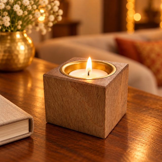 Wooden Candle Stand, Cube, shown in use
