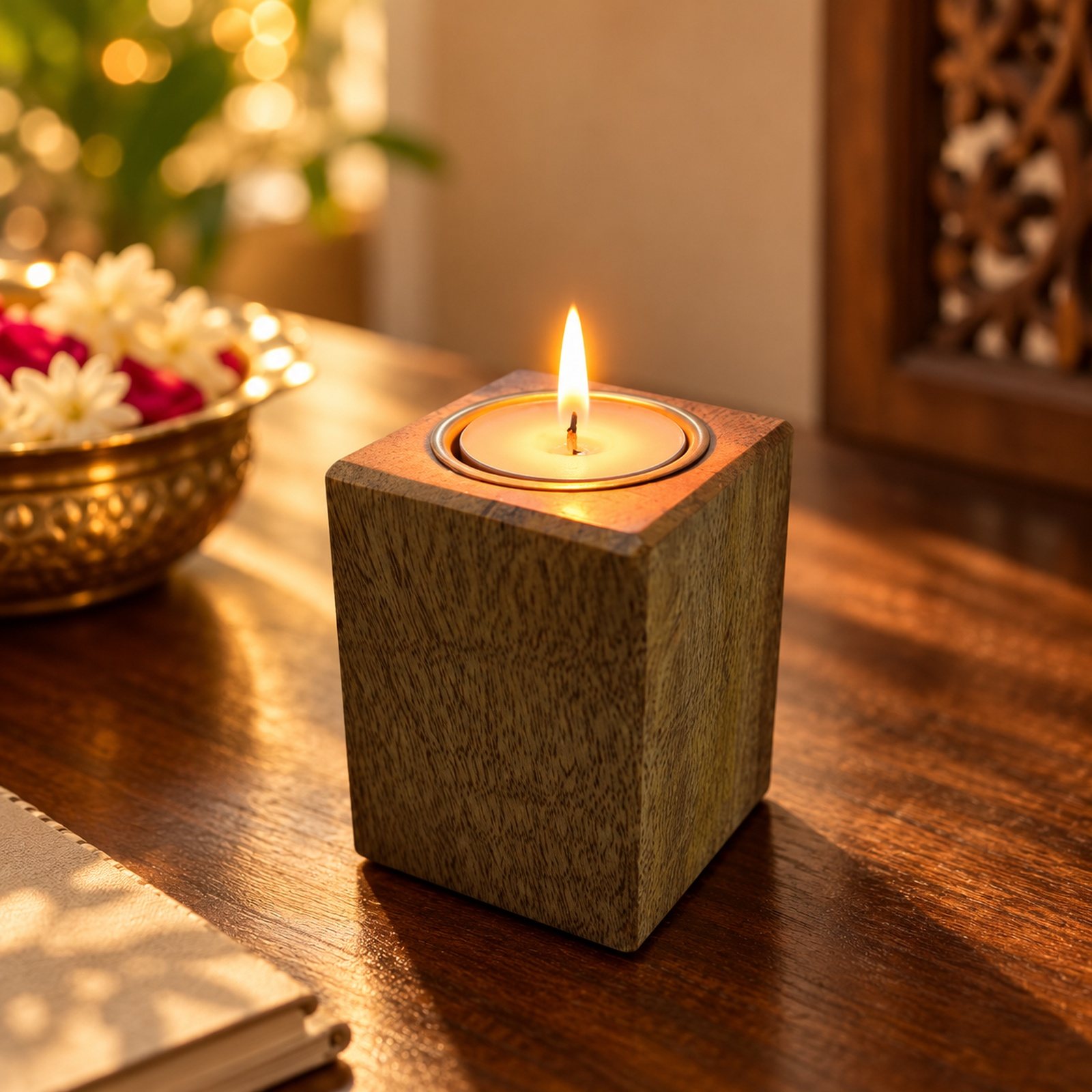 Click to zoom Wooden Candle Stand, Tall, shown in use