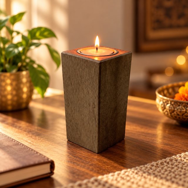 Wooden Candle Stand, Dark, shown in use